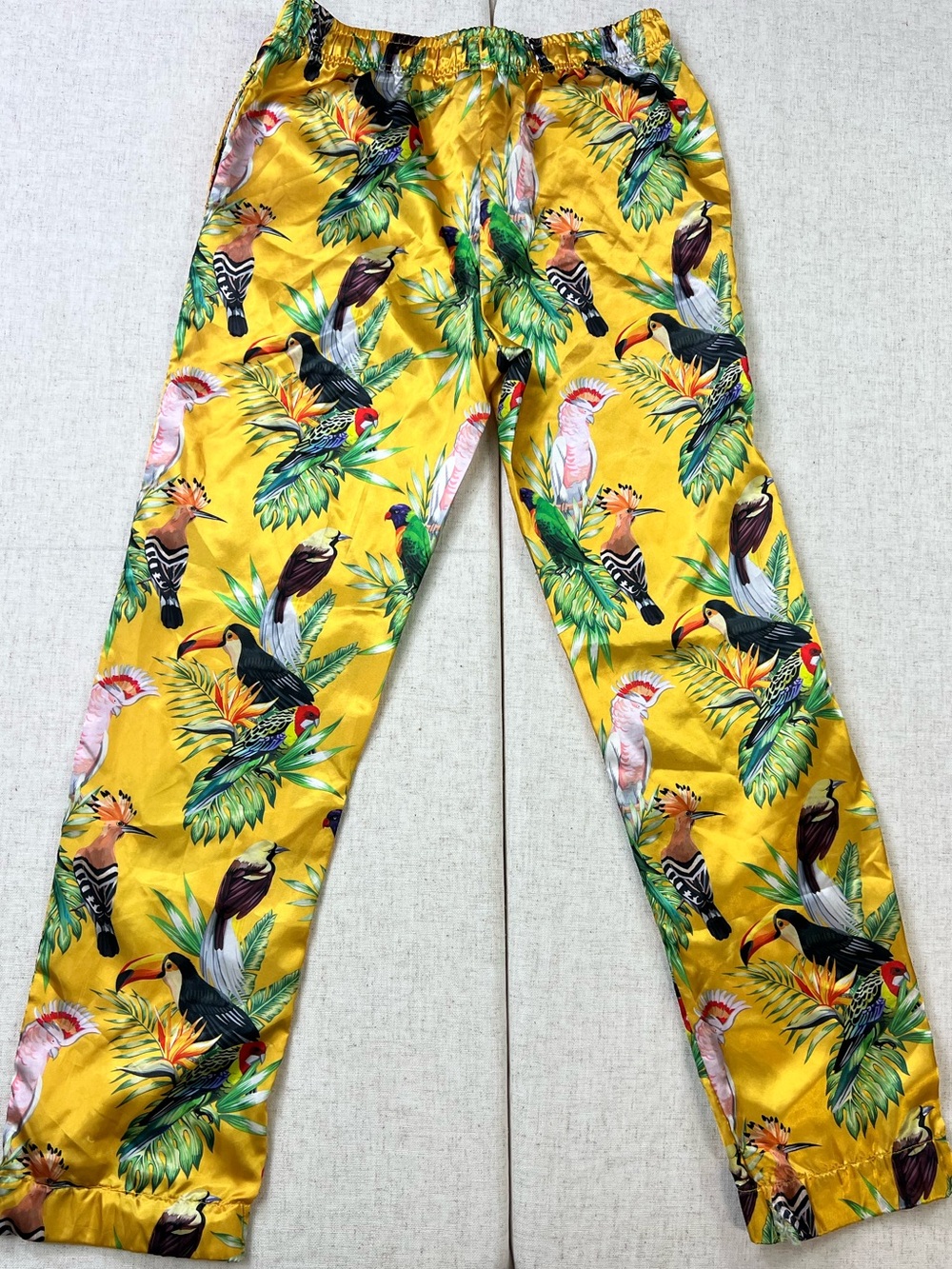 Yellow Tropical Bird Print Satin Lounge Pants Toucan Parrot Pajama Cuffed S